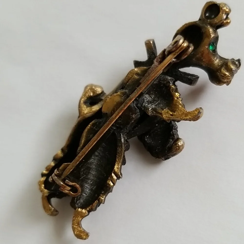 VTG Poodle Goldtone red bow emeral eyes brooch pin